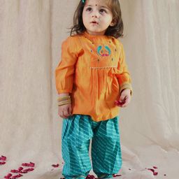 Tiber Taber 100% Chanderi Cotton Full Sleeves Peacock Embroidered Kurta With Leheriya Printed Salwar Set - Orange-image-61