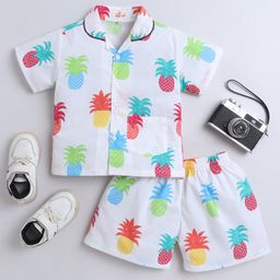The Magic Wand Cotton Woven Half Sleeves Pineapple Printed Coordinating Night Suit Set - White-image-99