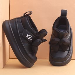 Babyoye Solid Party Boots with Velcro Closure & Bow Applique - Black-image-76