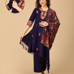 The Mom Store Wool Three Fourth Sleeves Floral Printed Maternity Kurta With Nursing Access & Salwar With Dupatta Set - Navy Blue-image-69