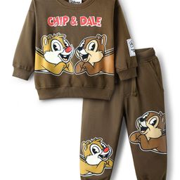 Babyhug Disney Terry Knit Full Sleeves Over Size Drop Shoulder T-Shirt & Lounge Pant With Chip & Dale Graphics - Brown-picture-16