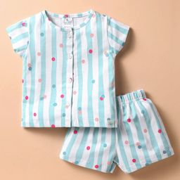 First Smile Sinker Knit Half Sleeves Shorts Co-Ord Night Suit with Stripes & Polka Dots - Light Blue-image-91