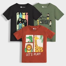 Orange Sugar 100% Cotton Knit Pack Of 3 Half Sleeves Game Mode Text & Animals Printed Tees - Multi Colour-picture-29