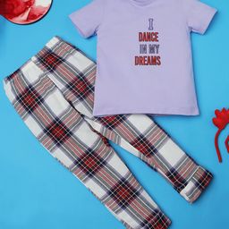 RAINE AND JAINE Cotton Knit Half Sleeves I Dance In My Dreams Text Printed & Checked Night Suit Set - Purple-image-76