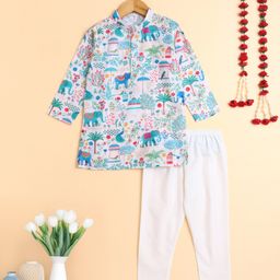 The Magic Wand Cotton Woven Full Sleeves Elephant & Floral Printed Kurta Pyjama Set - Multi Colour-image-1
