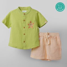Greendeer 100% Softner Washed Muslin Cotton Woven Half Sleeves Star Fish Embroidered Mandarin Collar Shirt & Shorts Set - Green & Beige-image-93