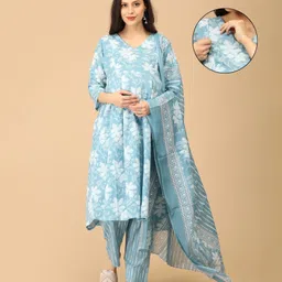 The Mom Store Cotton Knit Three Fourth Sleeves Floral Printed Maternity & Side Zipper Nursing Access Kurta With Pant & Dupatta Set - Multi Colour-picture-6