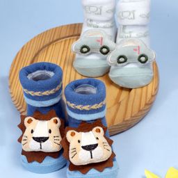 Yellow Bee Cotton Knit Set Of 2 Lion & Car Applique Detailed Socks - Multi Colour-picture-10