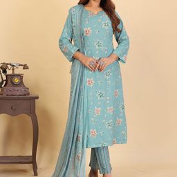 Larqi Women Floral Printed Cotton Kurta with Trousers & Dupatta-image-21