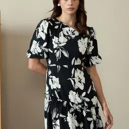 Kibo Floral Print Puff Sleeve Crepe Drop-Waist Dress-image-19