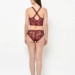 Da Intimo Maroon Lace Bralette With Bikini Panty-image-9