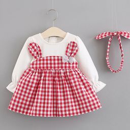 YK Girls Checked Round Neck Fit & Flare Dress with Hairband-image-12