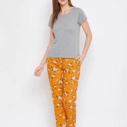 Clovia Grey & Mustard Textured T-Shirt With Pyjamas-image-30