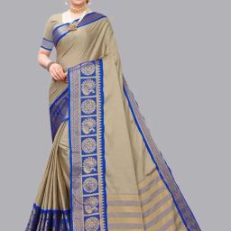 Satrani Beige Zari Saree With Unstitched Blouse Piece-image-7