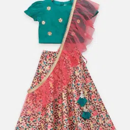 LilPicks Kids Green & Peach Embellished Lehenga Choli-image-91