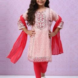 Biba Kids Peach & Red Cotton Printed Kurta Set-image-8