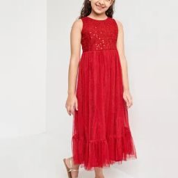Global Desi Girl Kids Red Sequence Gown-image-24