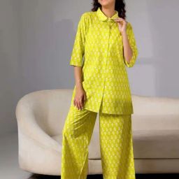 Libas Lime Yellow Cotton Printed Shirt & Pyjama Set-image-84