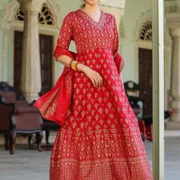 Scakhi Maroon Korwaki Silk Foil Print Anarkali Ethnic Dress With Dupatta-image-25