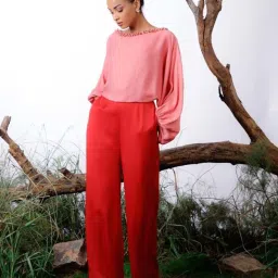 omana by ranjana bothra Pink & Red Meraki Color-Block Pearl Beaded Jumpsuit image 2