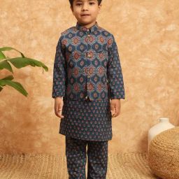 READIPRINT FASHIONS Kids Blue Printed Full Sleeves Kurta, Pyjamas with Nehru Jacket-image-15