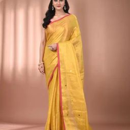 CHARUKRITI Yellow Blended Embellished Saree With Unstitched Blouse-image-12