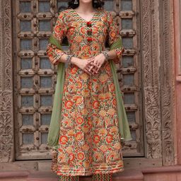 Sangria Floral Printed Pure Cotton Kurta With Trousers & Dupatta-46