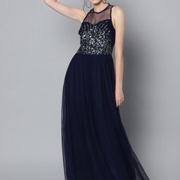 STREET 9 Women Navy Blue Net Solid Maxi Dress-picture-2