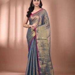 CHARUKRITI Blue Blended Embellished Saree With Unstitched Blouse-picture-44