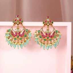 Rubans Ruby & Mint Green Ruby & Emerald Stone Studded Chand Bali Earring-picture-42
