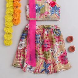 Many Frocks Kids Beige & Pink Applique Lehenga, Choli with Dupatta-image-80