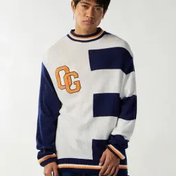 Bewakoof White Relaxed Fit Colorblock Oversized Sweater-image-41