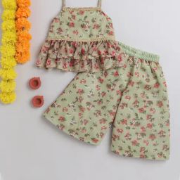 Many Frocks Kids Green Floral Print Top with Plazzos-image-51
