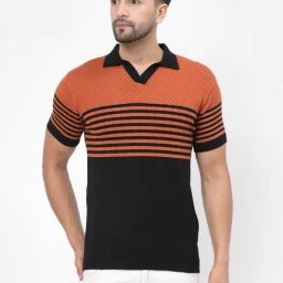 Kalt Black & Orange Regular Fit Striped Polo T-Shirt-picture-2