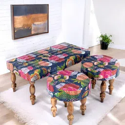 Ikiriya Blue & Pink Wooden Printed 2 Seater Bench & Stools-13