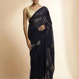 Jaipur Kurti Navy Embellished Saree With Unstitched Blouse-picture-12