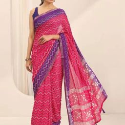 Libas Pink Floral Print Saree with Unstitched Blouse-image-74