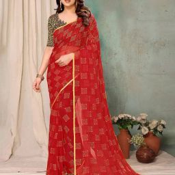 FABMORA Red Chiffon Embellished Saree With Unstitched Blouse-picture-25