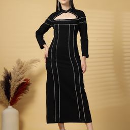 COSMIC TRIO Women Embellished Denim Sheath Midi Dress-image-16