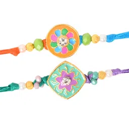 Asthetika Set Of 2 Artificial Stones Studded & Beaded Thread Rakhis With Roli Chawal image 3