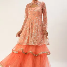Ethnovog Women OrangeGolden Made To Measure Embroidered Layered Style Bridal Gown-image-29