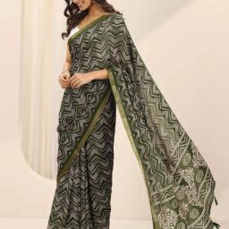 Libas Green Chevron Pattern Saree with Unstitched Blouse image 3