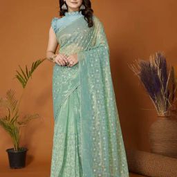 FABMORA Green Net Embroidered Saree With Unstitched Blouse-picture-17
