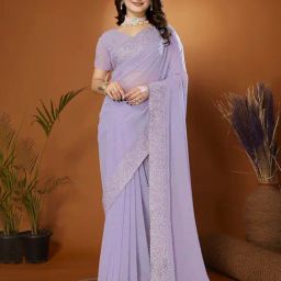 FABMORA Lavender Georgette Embroidered Saree With Unstitched Blouse-image-96
