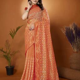 FABMORA Orange Net Embroidered Saree With Unstitched Blouse-picture-16