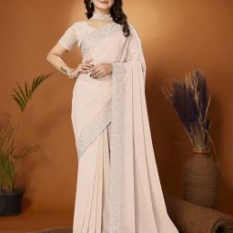 FABMORA Peach Georgette Embroidered Saree With Unstitched Blouse-image-5