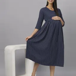 Mammas Women Striped Maternity Round Neck A-Line Midi Dress-image-82