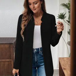 StyleCast Women Collarless Self Design Cotton Casual Open Front Jacket-16