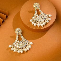 Yellow Chimes Gold-Plated Kundan Pearl Contemporary Drop Earrings-4