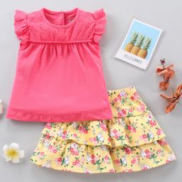 Babyhug Frill Sleeves Top And Floral Printed Skirt Set - Pink-image-11